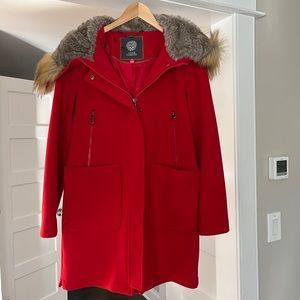 Red Vince Camuto Fancy Pea Coat midi length with oversized fur hood size Small
